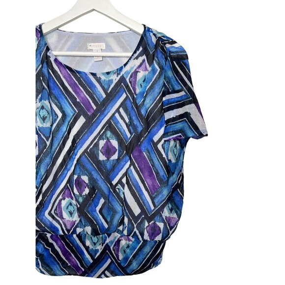 Chicos Blue Purple Print Mesh Blouse Medium Slit Sleeve Casual - Picture 3 of 12